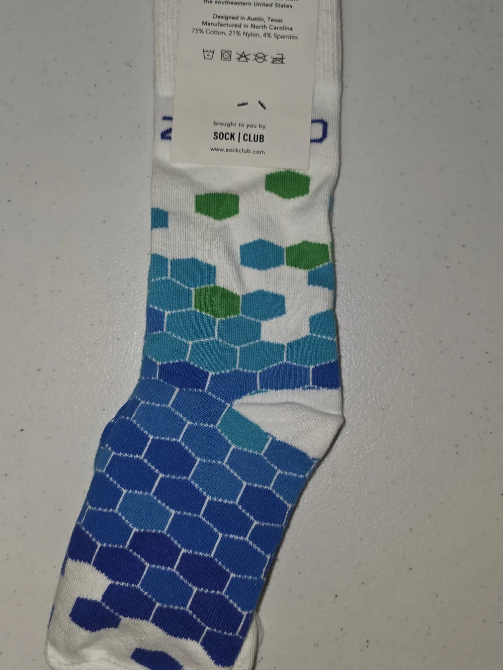 Zageno X Sock Club Men's White Socks with Blue & Green Hex Pattern Made In USA